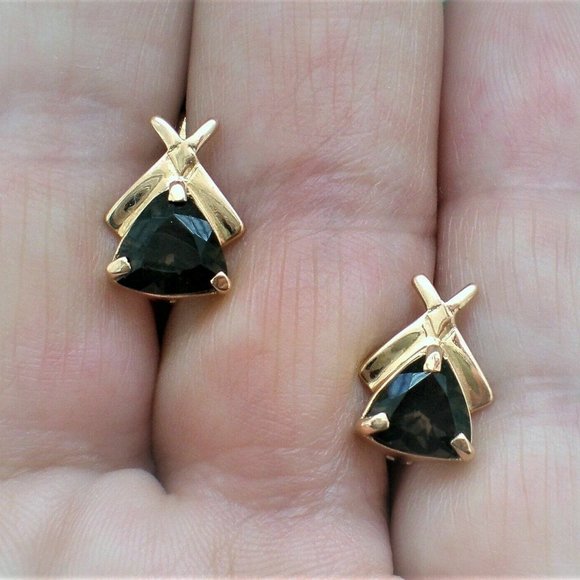Russian Russia 14K 585 Rose Pink Gold Smokey Topaz Triangle Pierced Earrings - Picture 5 of 6